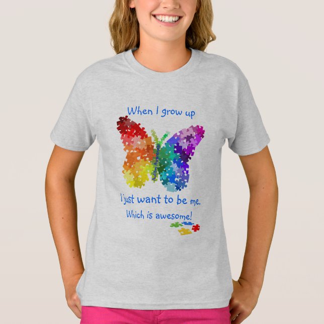 T-shirt Autismo Quebra-cabeça Borboleta Quando Cresço Desi (Frente)
