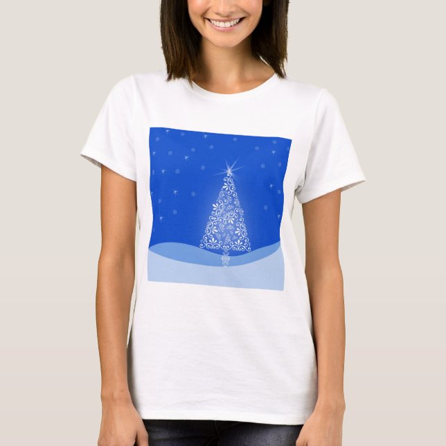 T-shirt Azul Branca, Árvore de Natal Meritíssimo, Estrelas (Frente)