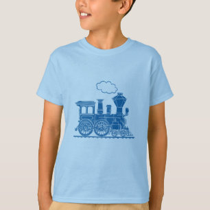 T-shirt azul da luz do trem da locomotiva de vapor