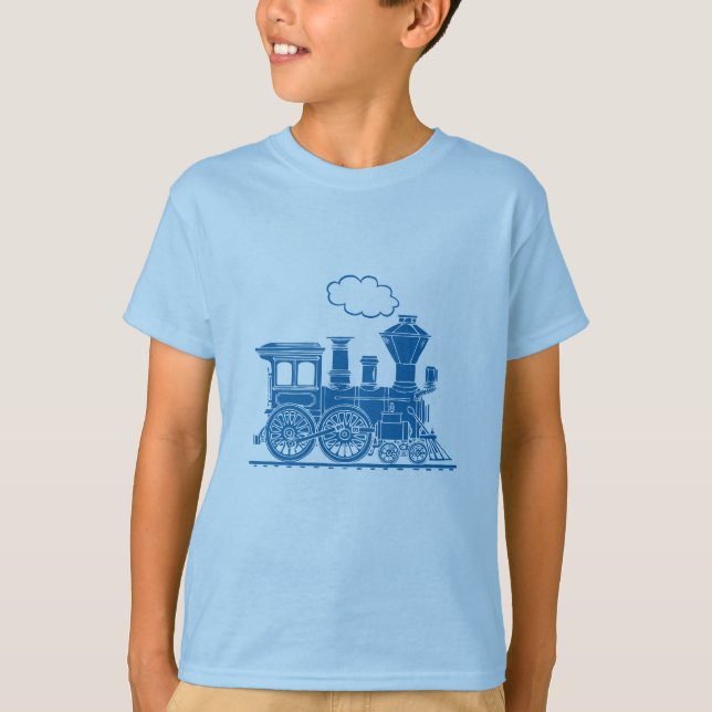 T-shirt azul da luz do trem da locomotiva de vapor (Frente)
