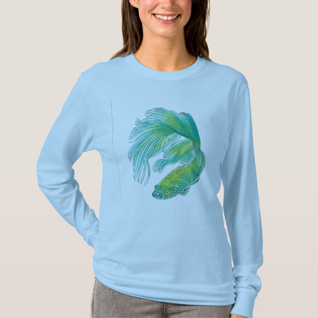 T-Shirt azul de manga longa com Design Beta (Frente)