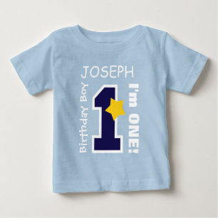 T-shirt AZUL do menino do primeiro aniversario um nome