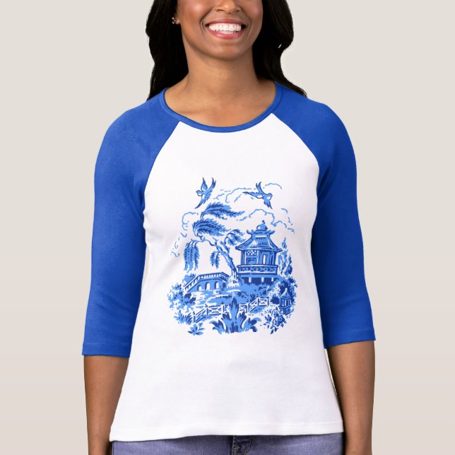 T-shirt azul do Raglan do design de China do (Frente)