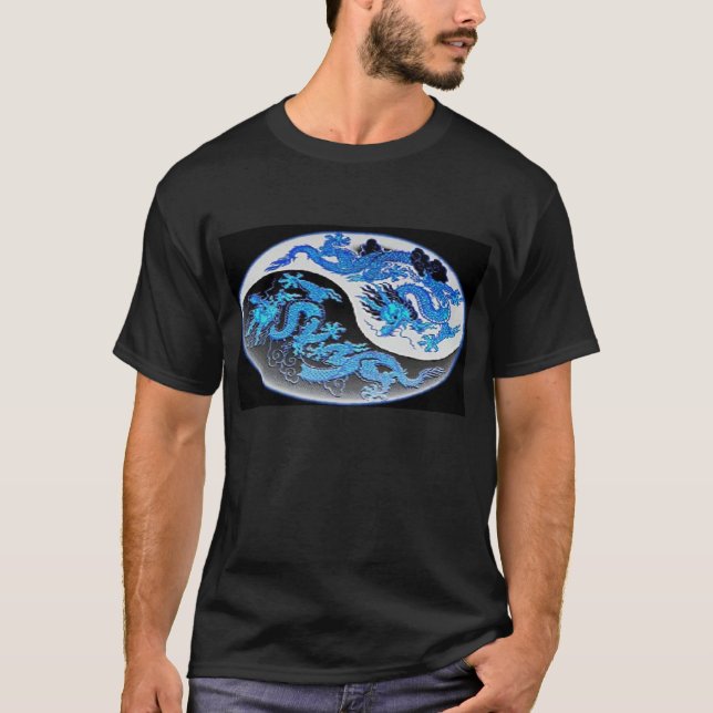 T-shirt azul dos dragões de Yin-Yang - (Frente)