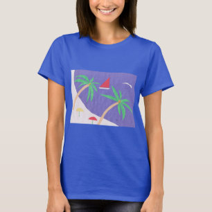 T-shirt azul escuro com cena da praia