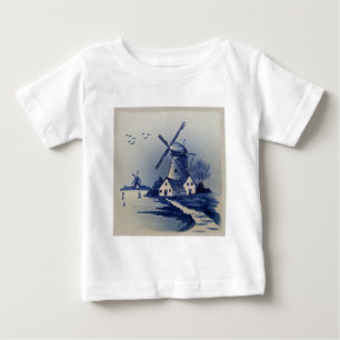 T-shirt Azul Vintage Delft Moinho de Vento Branco
