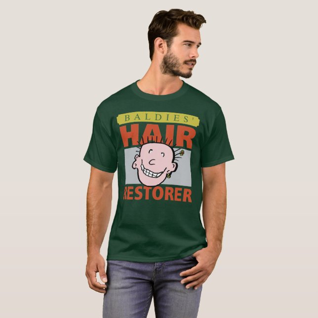 T-shirt Baldies Hair Restorer. Homem Cáltico (Frente Completa)