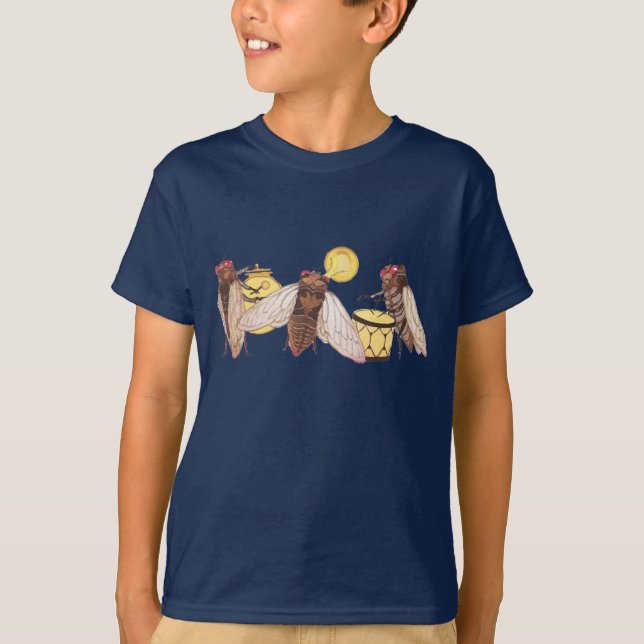 T-shirt Banda da cigarra com gongo, trombeta e cilindro (Frente)
