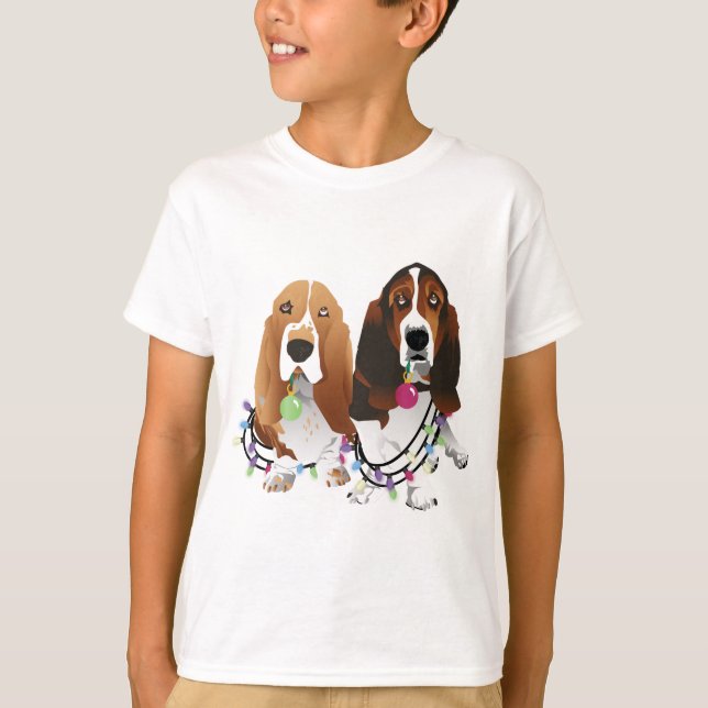 T-shirt Basset Hound Peace Love Joy Design de Natal (Frente)