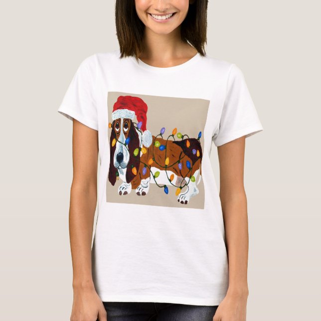 T-shirt Basset Tangled em luzes de Natal (Frente)