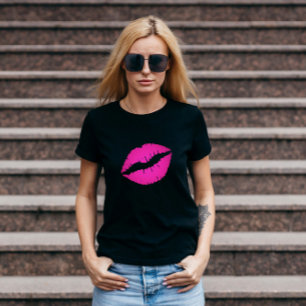 T-shirt Batom com efeito Ombre Preto e Rosa Quente
