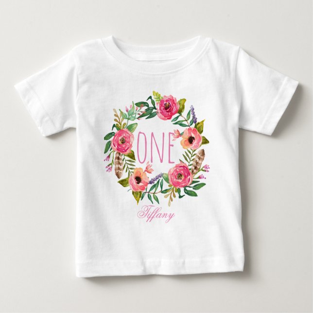 T-shirt Bebê-Bebê-Aniversário de Um Ano, Floral Wreath-4 (Frente)