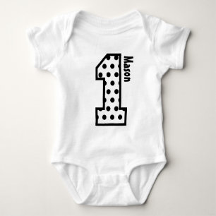 T-shirt Bebê de um ano N004 das bolinhas do preto do