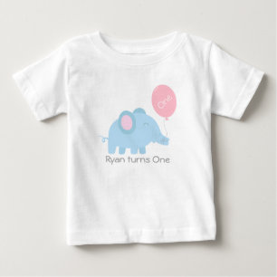 T-shirt Bebê elefante azul fofo com um balão rosa