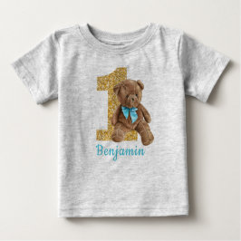 T-Shirt Bebê primeiro aniversario Azul e Dourado