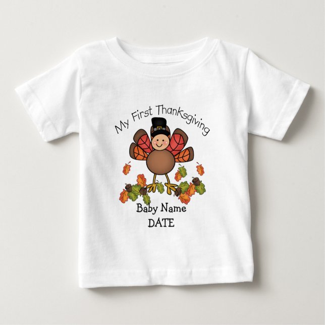 T-shirt Bebê Turquia Primeira Ação de Graças Nome e Data d (Frente)