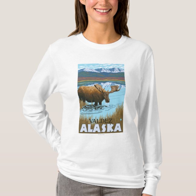 T-shirt Bebendo dos alces no lago - Valdez, Alaska (Frente)