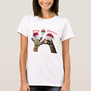 T-shirt Beijando girafas do Natal sob o visco