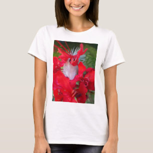T-shirt Beleza Delicada: Flor Vermelho com Pena Branca