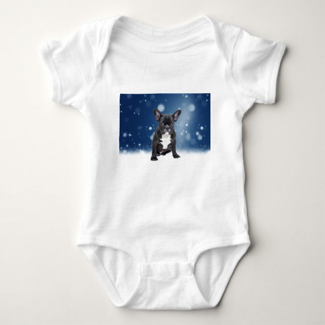 T-shirt Belo Buldogue Francês Estrelas de Neve Azul Natal (Frente)