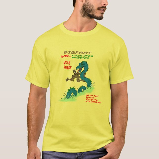 T-shirt Bigfoot CONTRA o monstro de Loch Ness (Frente)
