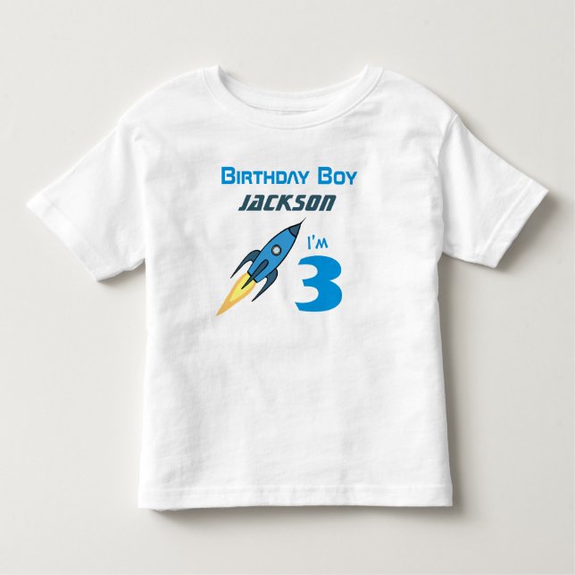 T-shirt Blue Retro Rocket Ship Personalizado Birthday Boy (Frente)