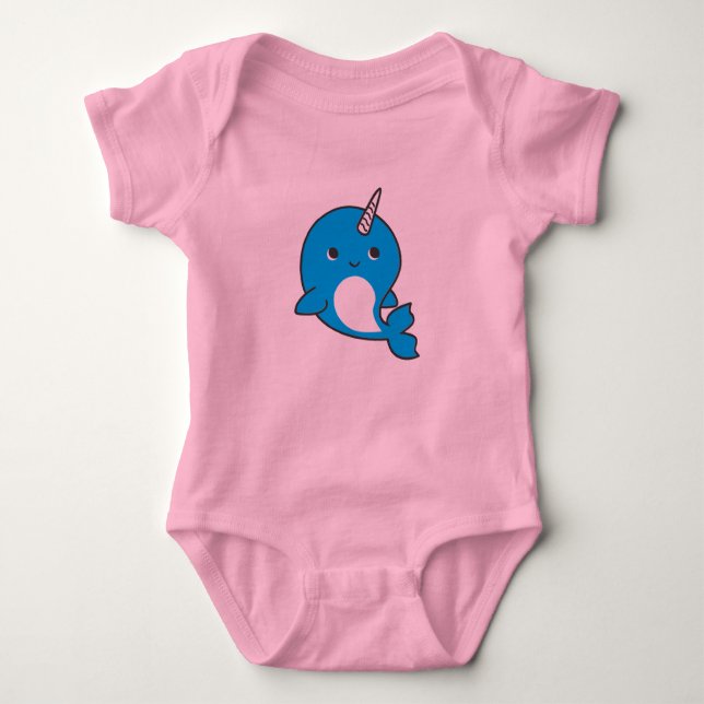 T-shirt Bodysuit azul do tutu do bebé de Narwhal (Frente)