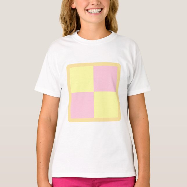 T-shirt Bolo de Battenburg. Rosa e Amarelo. (Frente)