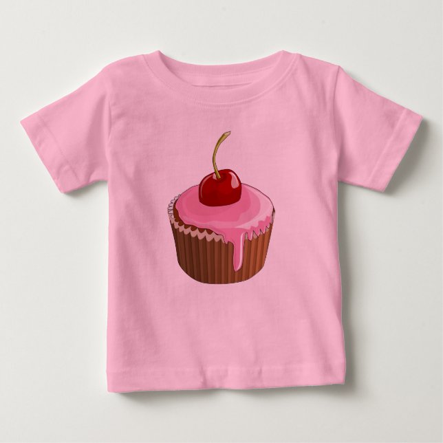 T-shirt Bolo de Cupcake com Cereja e Frosting Rosa Bonito (Frente)