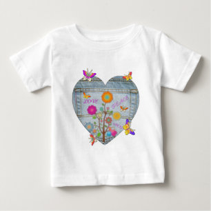 T-shirt Bolsos de Jeans Coração Flores Borboletas