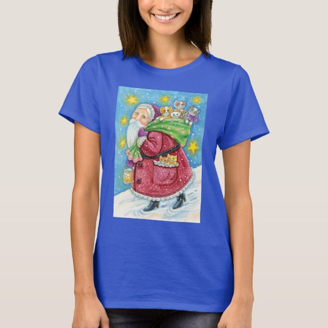 T-shirt Bom Natal, Pai Natal com Gatinhos e Gatinhos! (Frente)