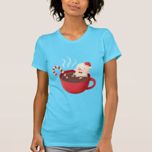 T-shirt Boneco de Neve Fofo em Xícara de Cacau Quente Verm