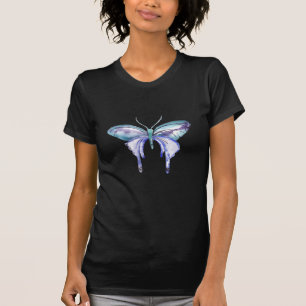 T-shirt borboleta azul aqua roxa aquarela