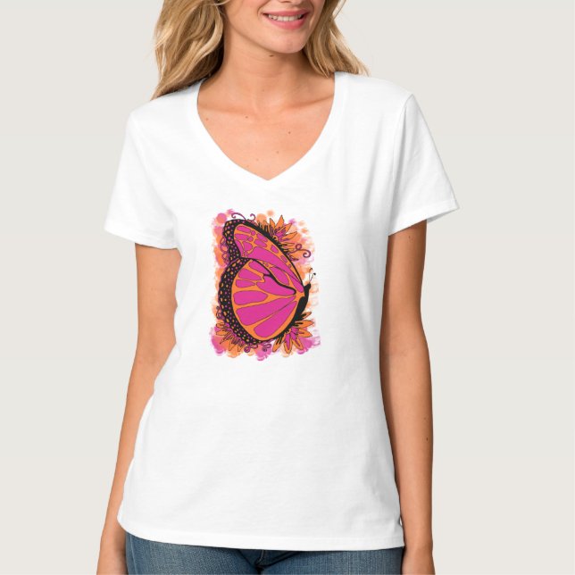 T-shirt Borboleta no Tshirt cor-de-rosa e alaranjado (Frente)
