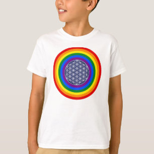 T-SHIRT BOTÃO DE PAVILHÃO DA CINTA-CHUVA + FLOR DE VIDA