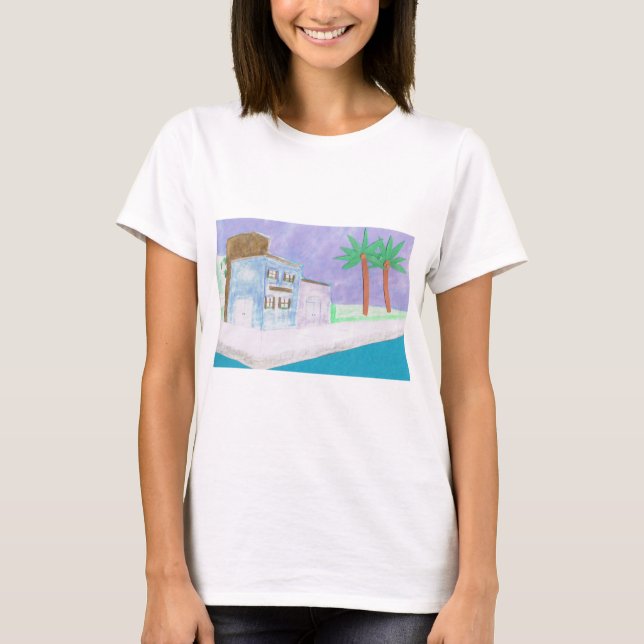 T-Shirt Branca com Cena de Caribe (Frente)