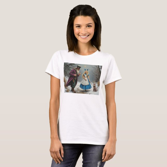 T-shirt branca das mulheres Alice no inverno (Frente Completa)