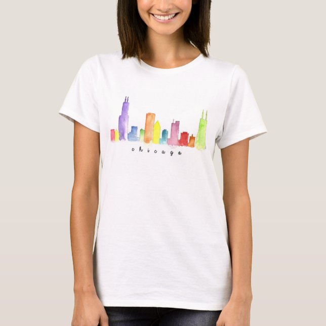 T-shirt branco da aguarela da Chicago das mulheres (Frente)