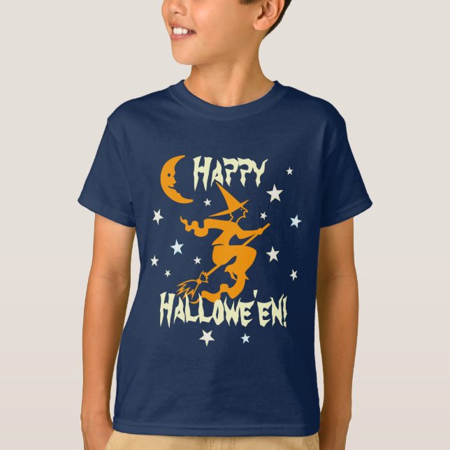 T-shirt Bruxa Feliz de Halloween na Lua Laranja das Estrel (Frente)
