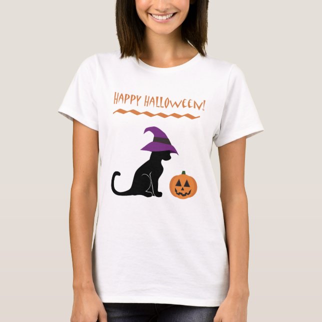 T-shirt Bruxas de Halloween Cat e Abóbora (Frente)