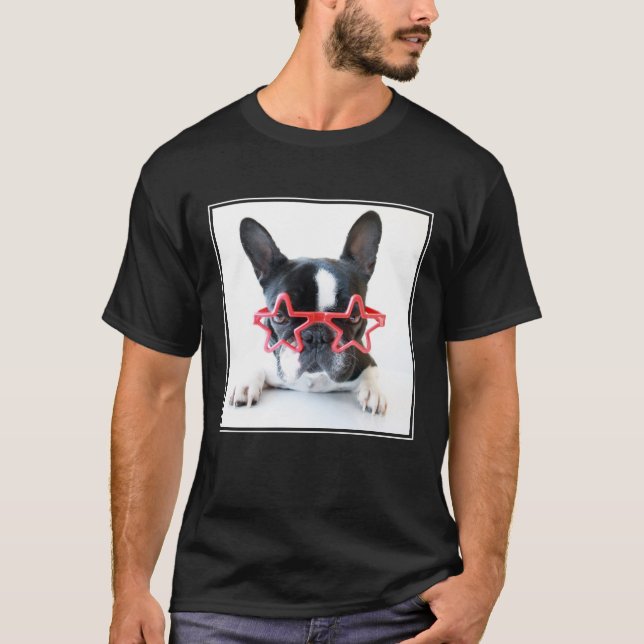 T-shirt Buldogue francês com vidros vermelhos da estrela (Frente)