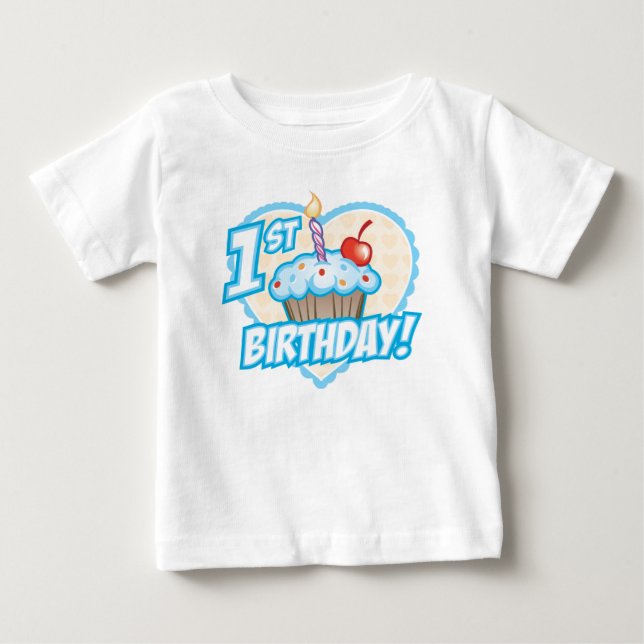 T-shirt Camisa-Cupcake de Primeiro Aniversário para Menino (Frente)