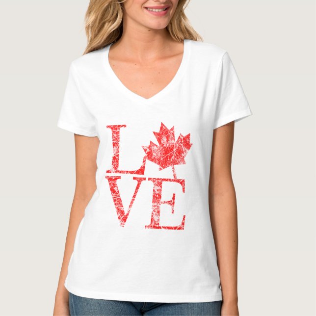 T-shirt Canadiano Maple Leaf LOVE Grunge Estilo CANADÁ (Frente)