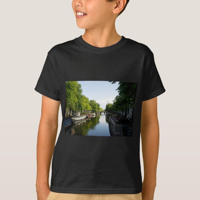 T-shirt Canal de Amsterdã com Barcos e Ponte (Frente)