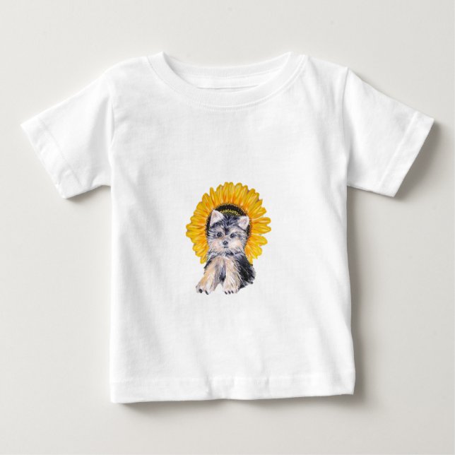 T-shirt Cãozinho bonito de Yorkshire e arte de girassol (Frente)