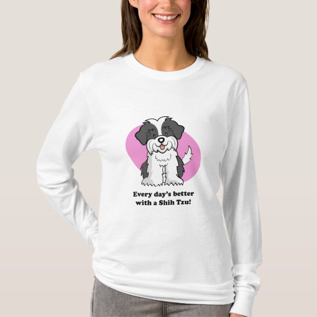 T-shirt Capa longa bonito de Shih Tzu do cão dos desenhos (Frente)