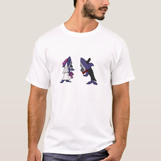 T-shirt Cartoon Engraçado Noiva de Tubarão e Casamento de  (Frente)