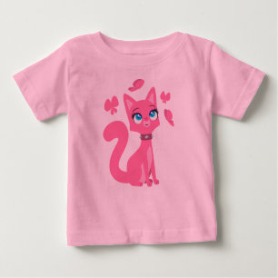 T-shirt Cartoon Rosa Gato e Borboletas Camisa-bebê