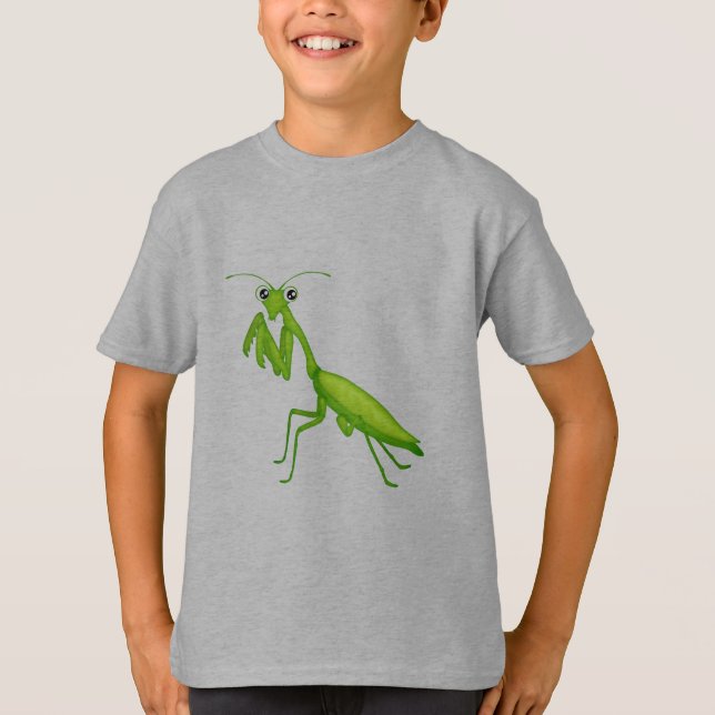 T-shirt Cartoon Verde Rezando Mantis Unisex Roupa (Frente)