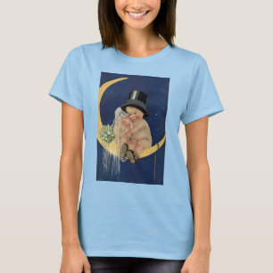 T-shirt Casamento Antigo, Noiva e Noivo Fofo em uma Lua